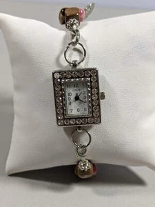 White Dial Crystal Accent Rectangle Case Brown Ceramic Beads Watch 7.5 Inch - Picture 1 of 7