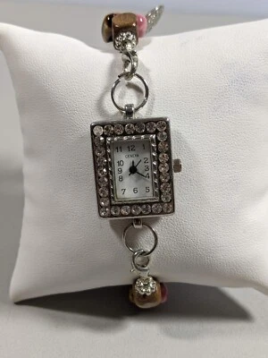 White Dial Crystal Accent Rectangle Case Brown Ceramic Beads Watch 7.5 Inch - Image 1 of 4