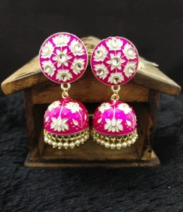 Orecchini stile Bollywood placcato oro gioielli indiani Meenakari Kundan perle Jhumka - Foto 1 di 6