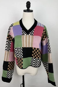Ragged Jeans Sweater Womens Medium Colorful Patchwork Acrylic Knit Cropped Fit - Picture 1 of 14