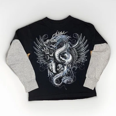 Vintage Y2K Dragon Graphic Layered Sleeve T-Shirt Blue/Grey – XS 15x18 Ed Hardy - Image 1 of 3