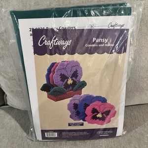 Sealed Craftways Plastic Canvas Needlepoint Pansy 6 Coasters & Holder Kit New - Picture 1 of 8