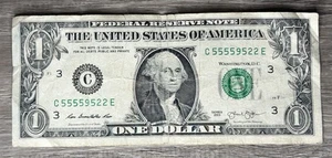 5 of a kind Fancy Serial Number One Dollar bill C55559522E - Picture 1 of 2