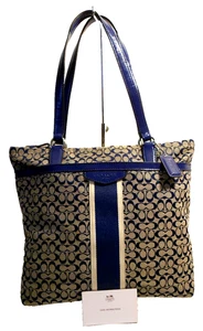 Coach F27008 Leather Trim Signature Vintage Tote Purse Nice Hand Bag Tag Charm - Picture 1 of 12