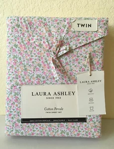 Laura Ashley TWIN Sheet Set EMOGENE Floral Cotton 200 TC Percale Pink Peach NEW - Picture 1 of 6