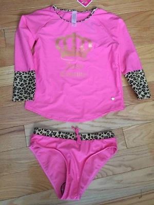 Traje de baño Juicy Couture Los Angeles para niñas 2 piezas rosa manga larga protector contra erupciones talla 14 Foto 1 de 4