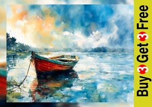 Red Rowboat Reflections 5"x7" Print on Matte Paper | Calm Watercolor Lake Scene - Picture 1 of 17