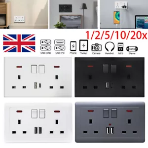 1/5/20X Double Wall Plug Socket 2 Gang 13A With 1 USB+PD Port Outlets Flat Plate - Picture 1 of 14