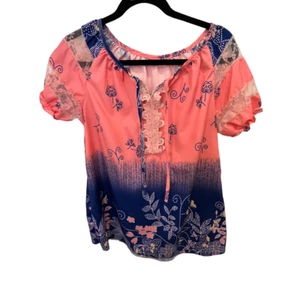 Unbranded Short Puff Sleeve Coral Blue Lace Embellished Top Size Medium? - Picture 1 of 3
