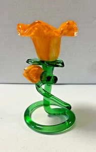 Hand Blown Glass Orange Flower Bud Swirl with Green Stem - Picture 1 of 12
