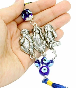 Blue Evil Eye See No Evil Hear No Evil Speak No Evil 3 Wise Monkeys Wall Hanging - Picture 1 of 3