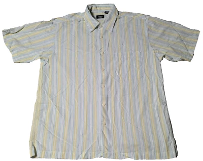IZOD JEANS LINEN NYLON Men Large Blue Yellow Striped Short Sleeve Button Shirt - Image 1 of 4