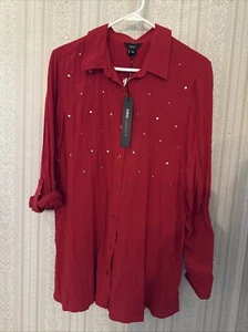 Intro Women's Beaded Red Button Up Long Sleeve Rolled Tab Tunic Blouse Size M - Picture 1 of 8