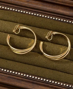 Clip On Hoop Earrings Drop Dangle Gold Tone Thick Round Chunky Earrings - Picture 1 of 8