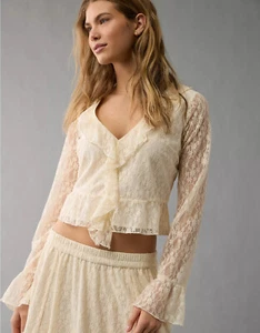 AE Lace Long Sleeve Bell Sleeve Ruffle Blouse Cream Beige Boho - Picture 1 of 4