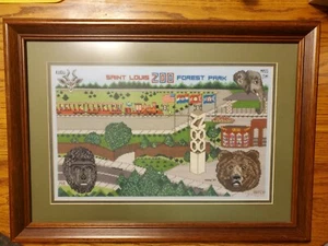 Large Saint Louis Zoo Forest Park Completed Cross Stitch Matted & Framed UNIQUE - Picture 1 of 9