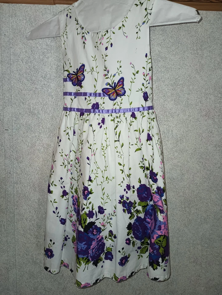 Vestido soleado de moda para niñas talla 7/8 púrpura flores y mariposas Foto 1 de 4