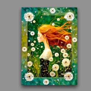 Impresión artística en miniatura ACEO 2,5x3,5 tarjeta coleccionable de artista niña en campo de diente de león - Imagen 1 de 3