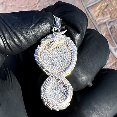 Solid 925 Sterling Silver Iced Ouroboros Pendant Dragon Micro Pave Bling Out CZ - Image 1 of 4