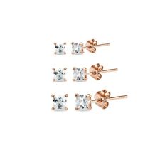 3 Pair Set CZ Square Stud Earrings in Rose Gold Plated Silver, 3mm, 4mm, 5mm