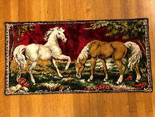 Vintage Horse Velvet Velour Tapestry Wall Hanging Rug 38.5x19.5 White Stallion