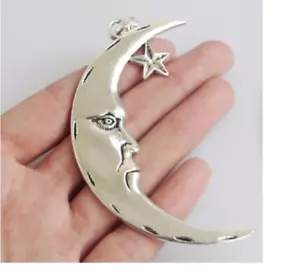 Big CRESCENT MOON FACE STAR pendant 22" 925 Sterling Silver plated Necklace GIFT - Picture 1 of 8