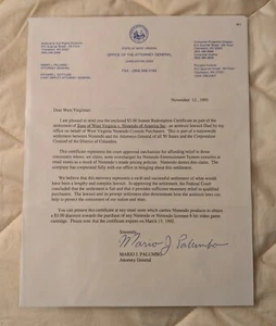 Letter and envelope West Virginia v. Nintendo Class Action Lawsuit 1991 - Picture 1 of 3