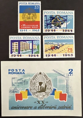 Rumania 1964 Sc# 1660-1664 Juego de 4 estampillas + hoja de recuerdo MNH OG 20 aniversario Foto 1 de 2