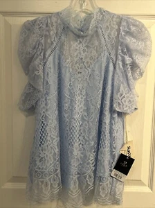 Savanna Jane Size Small Blue Lace Blouse High Neck Puff Shoulder Long Sleeve NWT - Picture 1 of 6