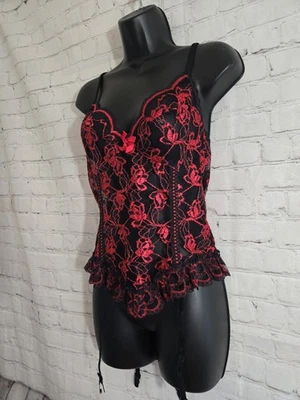 VTG 80s BLISS NY Camisole Basque Red Black Lace Garters Lingerie L Made In USA - Image 1 of 4