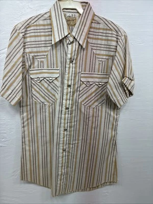 New Men’s Dee-Cee Tan Yellow Stripe Design Short Sleeve Pearl Snap Small O-80 - Image 1 of 4
