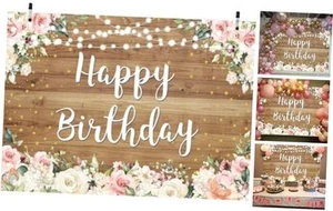 Rustic Wood Happy Birthday Backdrop Pink Floral Backdrop Photography Spring - Picture 1 of 8