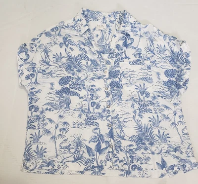 Блузка Nicole Miller льняная женская большая сине-белая с тропическим принтом короткие рукава - Изображение 1 из 4