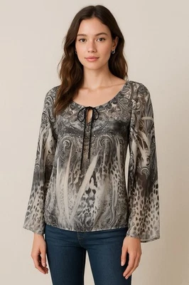 One World Womens Blouse Top Long Sleeve Small Black Gray White Paisley Bohemian - Imagem 1 de 4