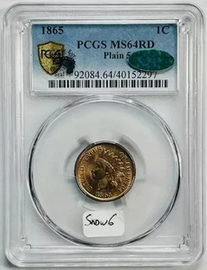 1865 P Small Cents Indian Head Penny PCGS MS-64 Plain 5 RD Snow 6 Low CAC Pop! - Picture 1 of 3