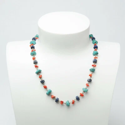 Collana Vintage in Argento con Turchese Lapislazzulo Corallo 55cm - Immagine 1 di 4