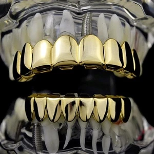 Best Grillz 8/8 Set Eight Top 8 Bottom Tooth Grill 14k Gold Plated Hip Hop Teeth - Picture 1 of 8