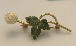 Vintage Carved Cream Rose, Green Jade Stone Leaves Flower Gold Tone Brooch ,Pin - Picture 1 of 4
