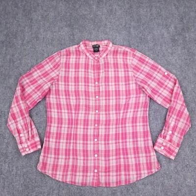 Lord & Taylor Shirt Womens Large Pink White Plaid Linen Cotton Button Up Light - Image 1 of 4