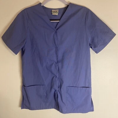 Simply Basic Scrub Top Medical Uniform Blue Button up Small 2 front pockets - Image 1 of 4
