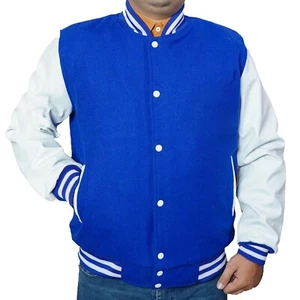 Men's New Letterman Baseball Biker Bomber Blue Wool White Leather Varsity Jacket - Picture 1 of 4