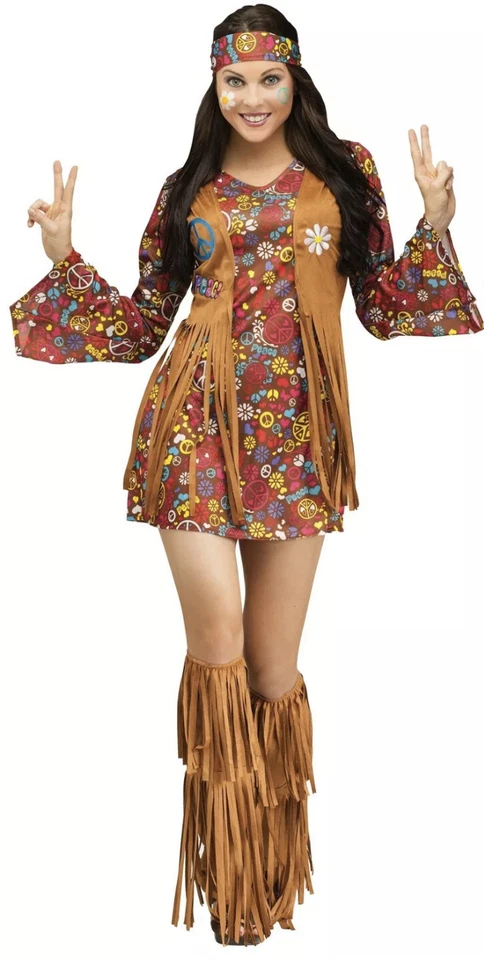 Peace Love Hippie 60s Adult Ladies Halloween Costume Fringe Vest Boot Groovy - Image 1 of 1