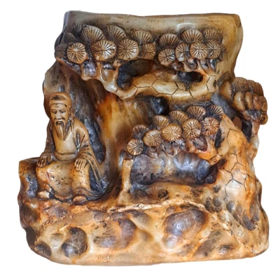 Antigua olla/lavadora de cepillo de jade estilo chino Ming con figura paisaje de árbol Foto 1 de 4