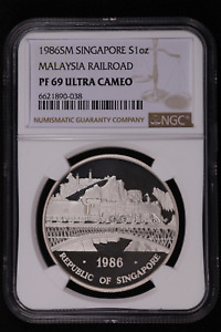 1986 SILVER 1 oz .999 Fine Singapore RAILROAD NGC PR 69 Ultra Cameo