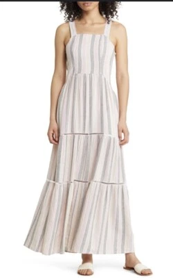 CASLON Striped Tiered Maxi Dress Sundress Pockets Linen Rayon Blend Women Medium - image 1 of 4