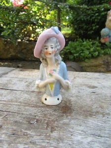 Antique German Porcelain Half Doll Lady Pin Blue & Pink Cushion Top - Picture 1 of 6