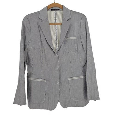 Chaqueta Blazer a Rayas Elie Tahari 12 Azul Blanco Frente a Presión A Medida Oficina Foto 1 de 4