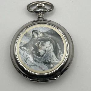 AL AGNEW WOLF PICTURE & DIAL QUARTZ POCKET WATCH - NEEDS BATTERY - Picture 1 of 7