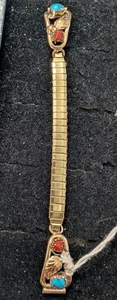 Native American Navajo Ster. Silver Gold Filled Turq. & Coral Woman's Watch Tip - Picture 1 of 4