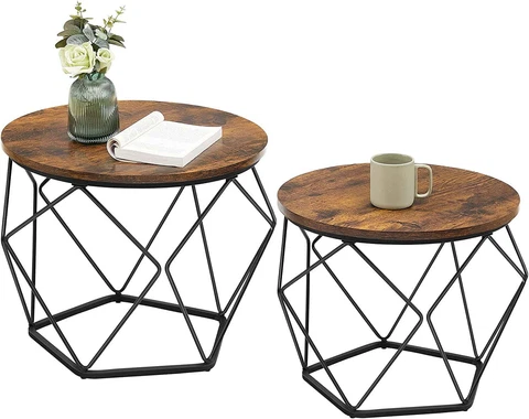 Round Coffee Table Set of 2 Side End Table with Steel Frame for Living Room Cover